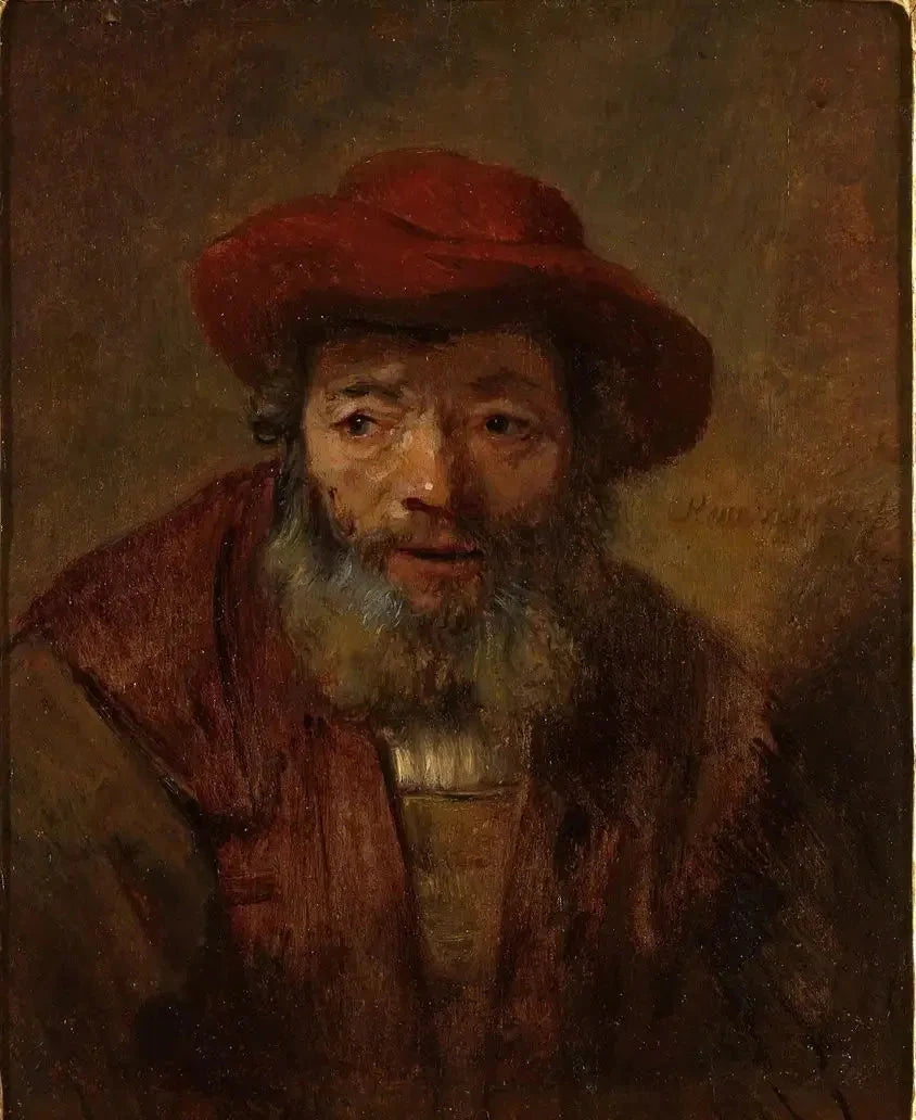 Porträtt av en gammal man med skägg och röd hatt - Rembrandt