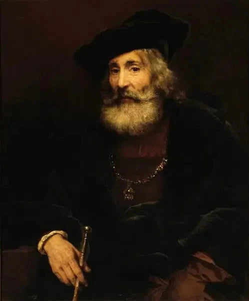 Gammal man som sitter med en käpp i en fantasikostym - Rembrandt