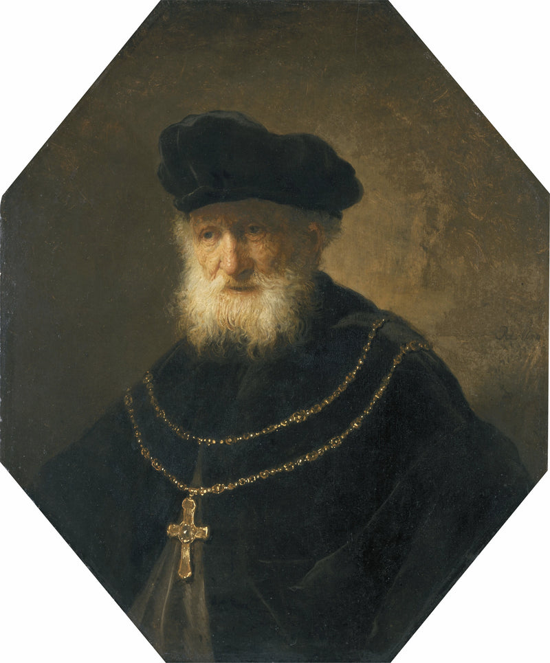Manlig byst med en guldkedja och ett kors - Rembrandt