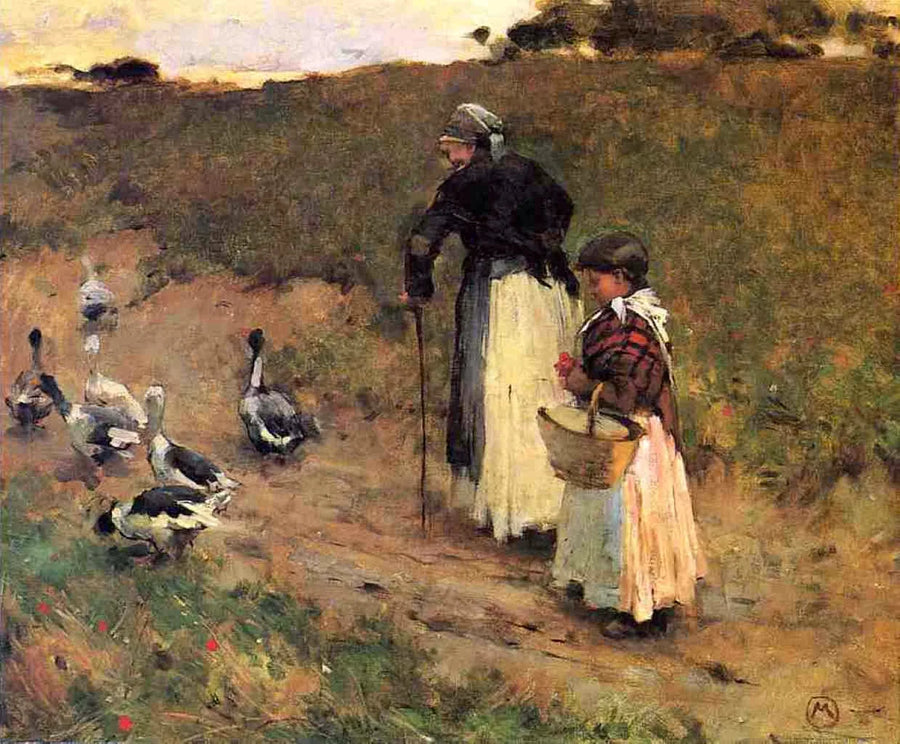 Gammal kvinna med ett barn och en gås - Willard Metcalf