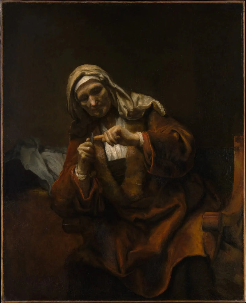 Gammal kvinna som klipper sina naglar - Rembrandt