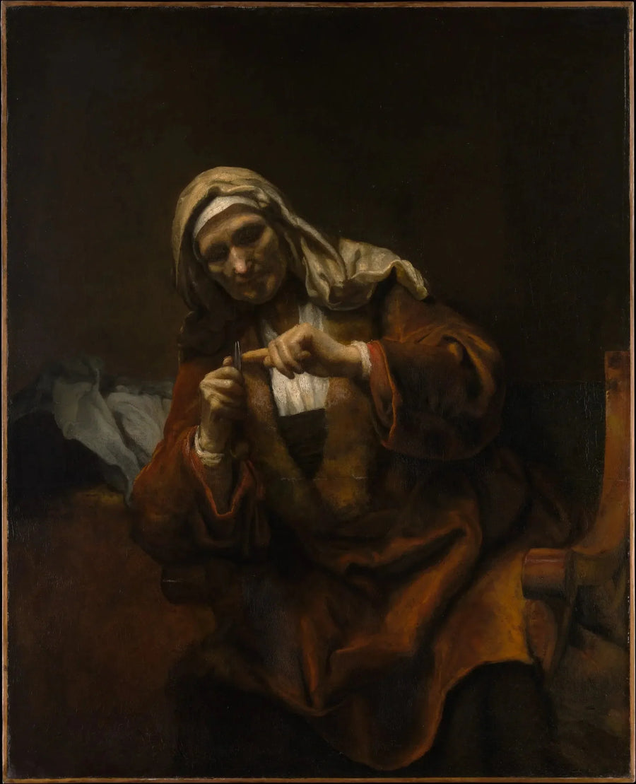Gammal kvinna som klipper sina naglar - Rembrandt