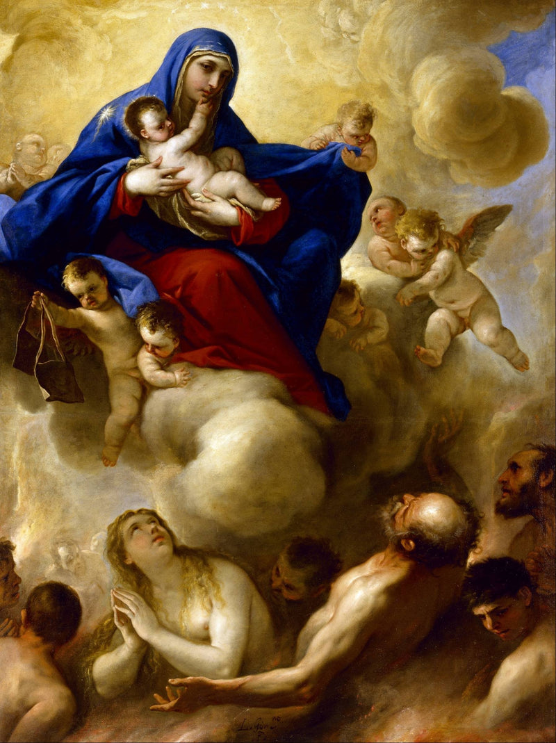 Jungfru med barnet med Skärseldens själar - Luca Giordano