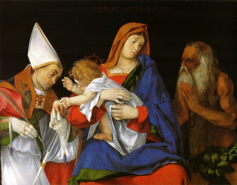 Jungfru med barnet med helgonen Ignatius av Antiokia och Onuphre - Lorenzo Lotto