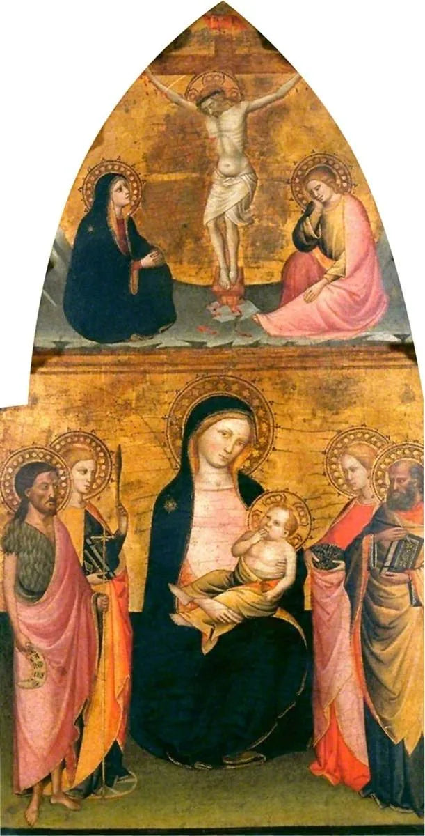 Jungfru med barnet med fyra helgon och den korsfäste Kristus - Jacopo di Cione