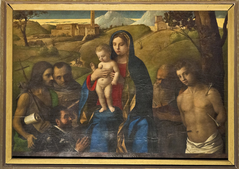 Madonna med barn med fyra helgon (Johannes Döparen, Franciskus, Jerome och Sebastians (från vänster till höger)) och donatorn - Giovanni Bellini