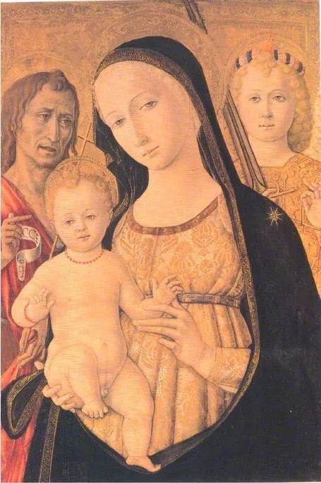Madonna med barnet med helige Johannes Döparen och ärkeängeln Mikael - Matteo di Giovanni