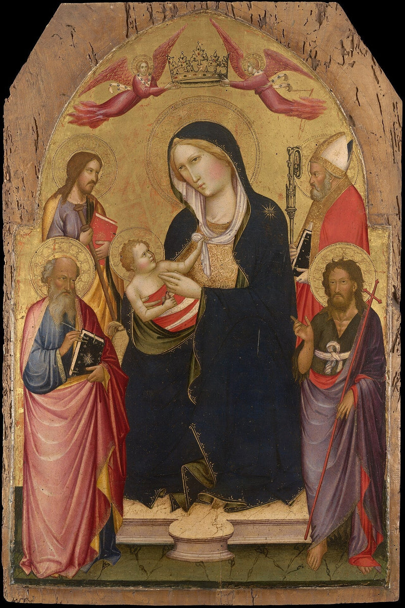 Jungfru med barnet med helgon Johannes evangelisten, helgon Johannes Döparen, helgon Jakob av Compostella och helgon Nikolaus av Bari - Agnolo Gaddi