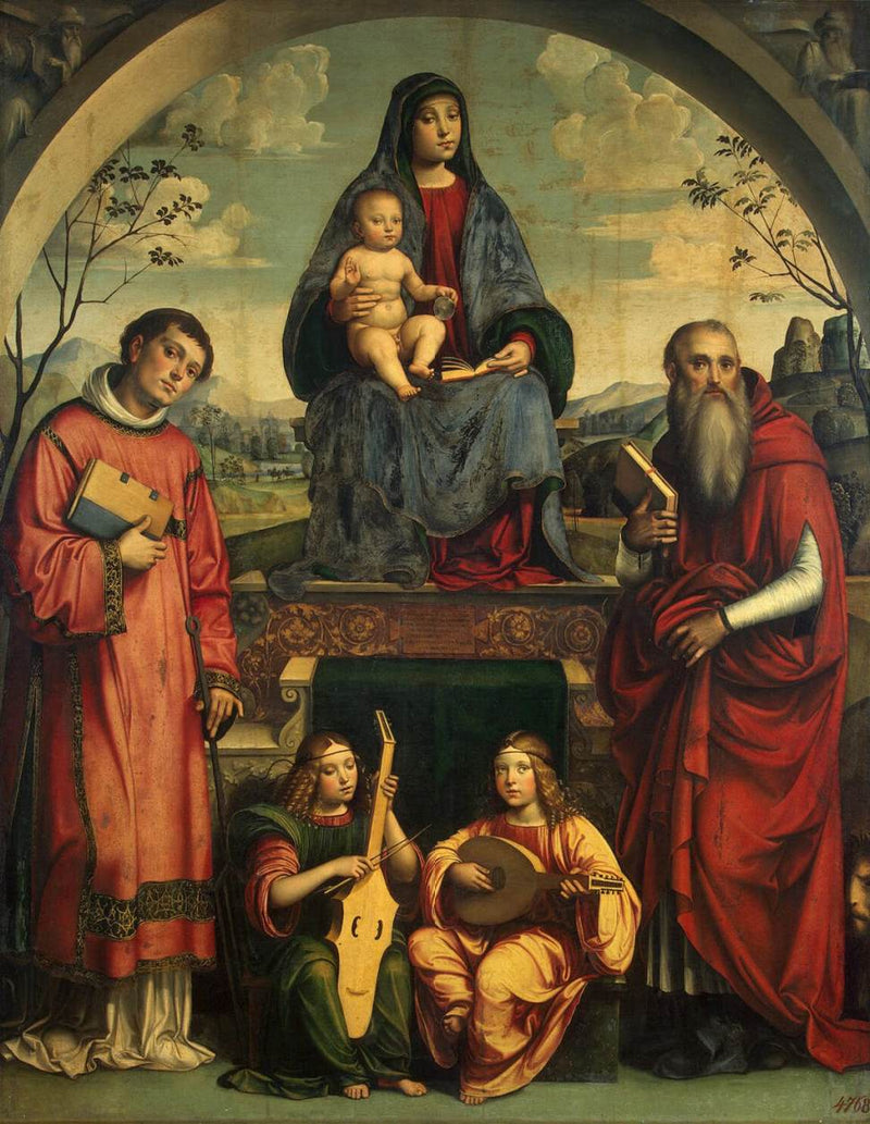 Madonna med barnet med Saint Laurent, Saint Jerome och två änglar som spelar musik - Francesco Francia