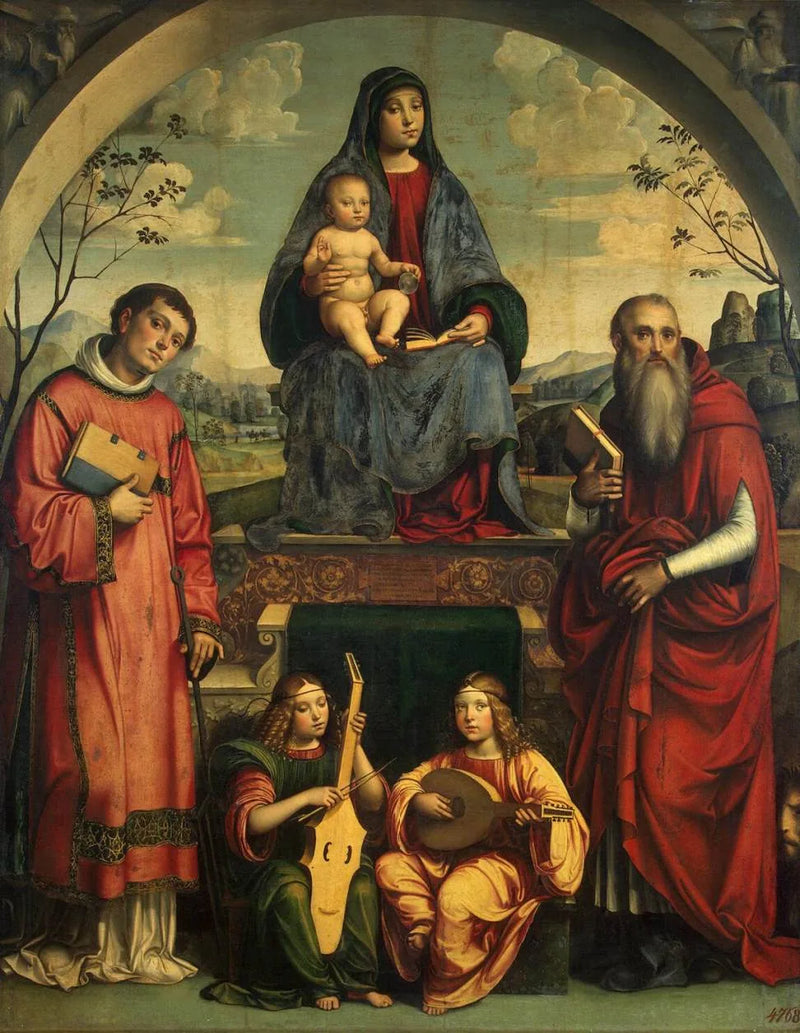 Madonna med barnet med Saint Laurent, Saint Jerome och två änglar som spelar musik - Francesco Francia