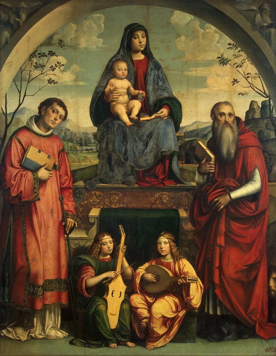 Madonna med barnet med Saint Laurent, Saint Jerome och två änglar som spelar musik - Francesco Francia