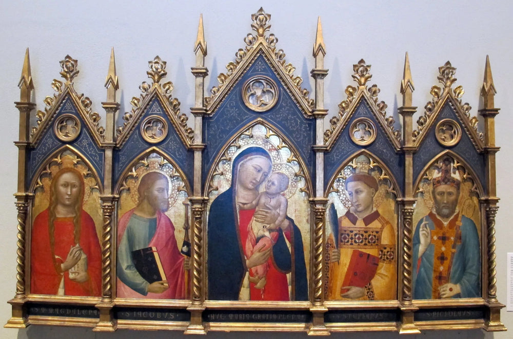 Vierge à l'Enfant, avec saint Marie-Madeleine, saint Jacques le Majeur, saint Étienne et un évêque. - Allegretto Nuzi image 1 copie de tableau peinte à la main