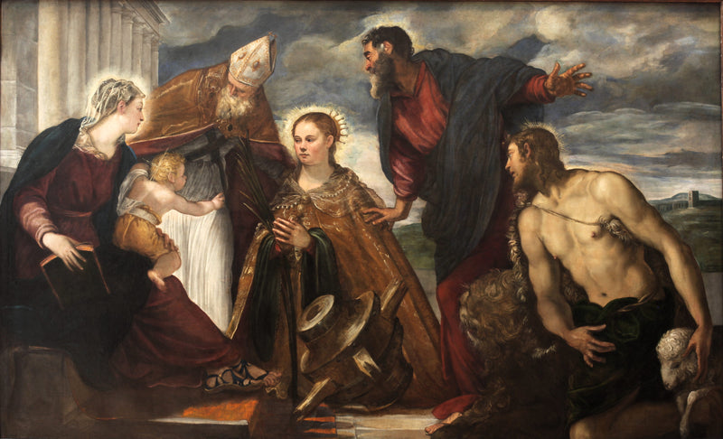 Jungfru med barnet, med heliga Katarina, helige Augustinus, helige Markus och helige Johannes Döparen - Jacopo Tintoretto
