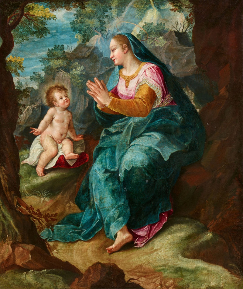 Madonna med barn i ett bergigt landskap - Denis Calvaert