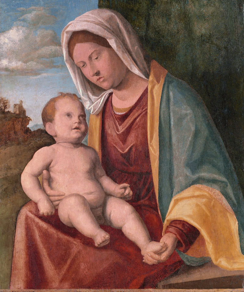 Madonna med barn framför ett draperat landskap - Cima da Conegliano