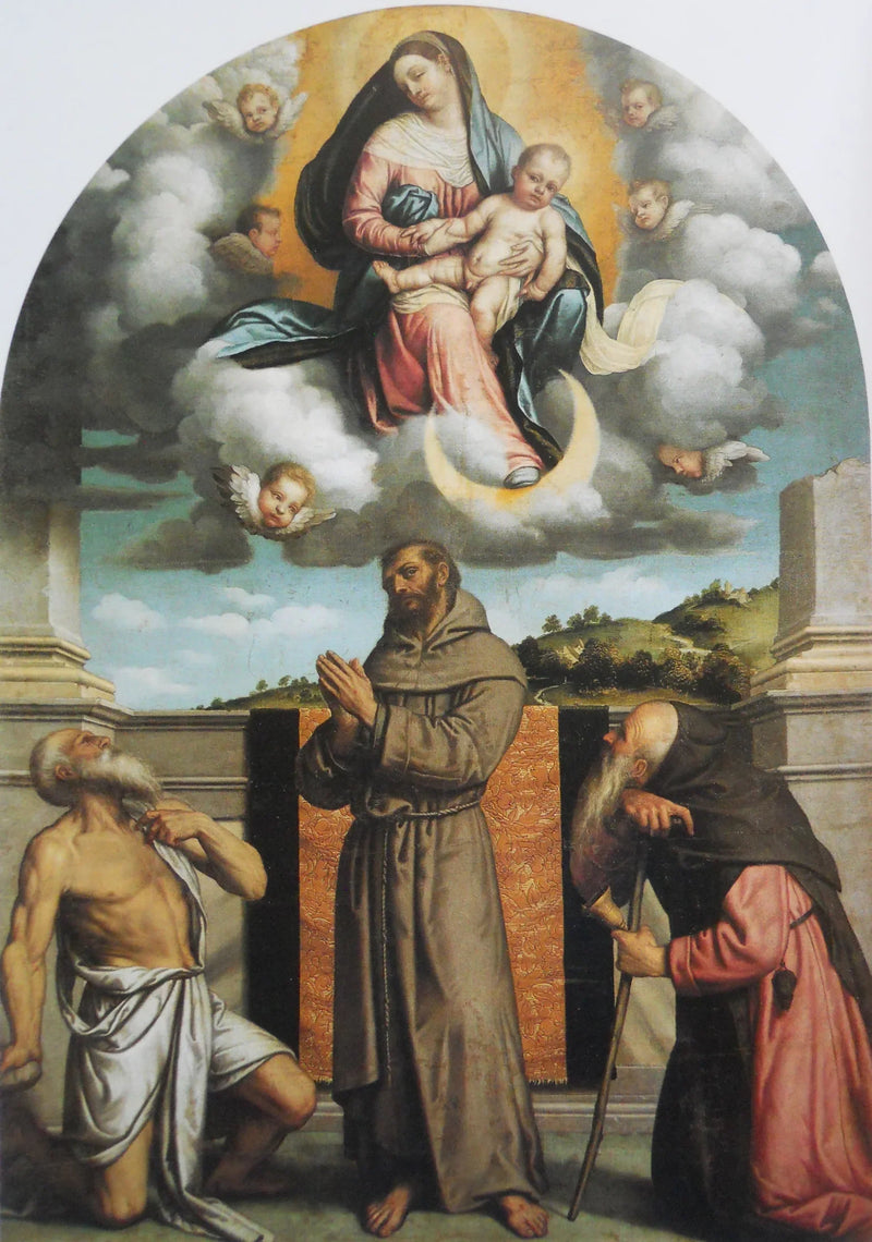 Jungfru med barnet i härlighet med helige Jerome, helige Franciskus av Assisi och helige Antonius av Padua - Alessandro Bonvicino