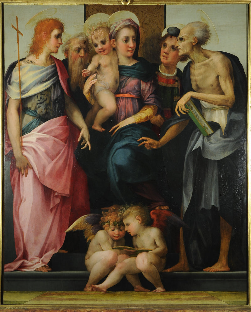 Jungfru med barnet i majestät med helgonen Johannes Döparen, Abbot Antoine, Stefan och Jerome - Rosso Fiorentino