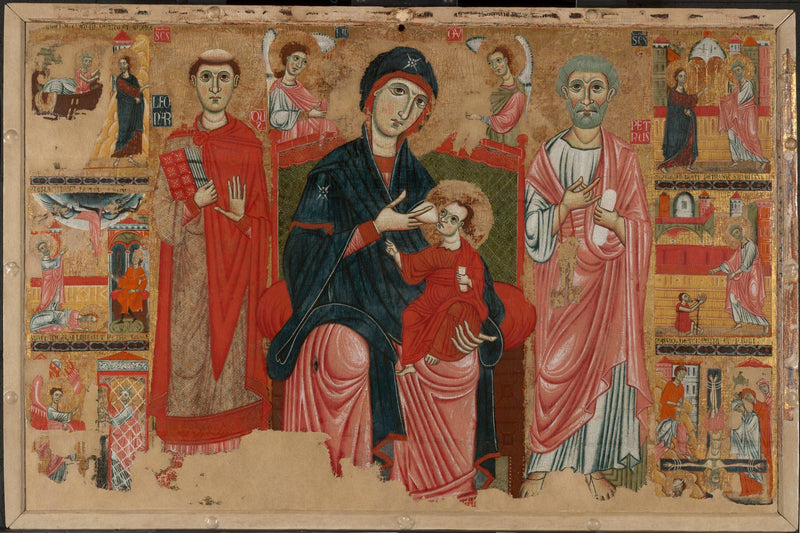 Madonna med barnet i majestät med helige Leonard och helige Petrus samt scener ur helige Petrus liv - Master of the Magdalen