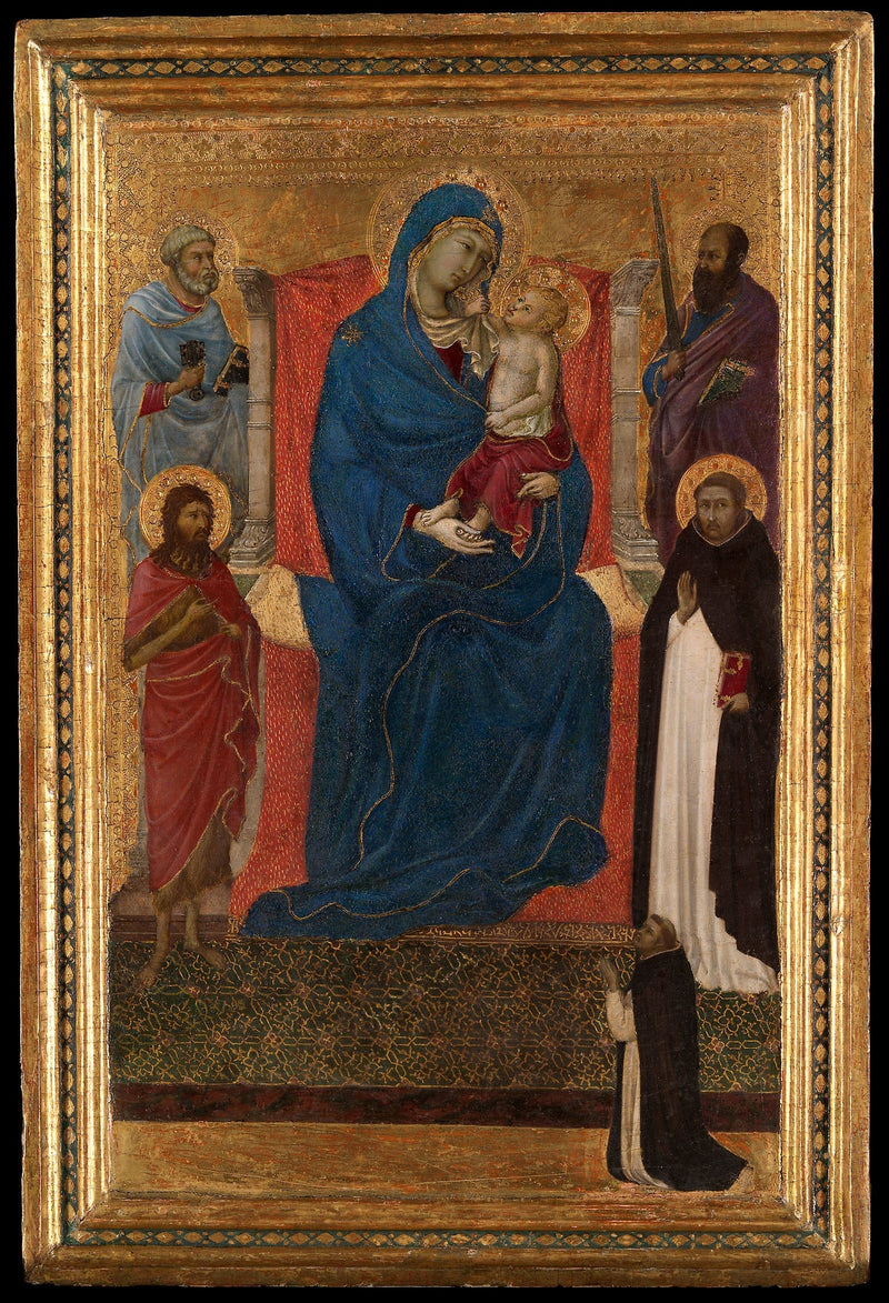 Madonna med barnet i majestät med helgonet Petrus, helgonet Paulus, helgonet Johannes Döparen, helgonet Dominikus och en donator - Ugolino di Nerio