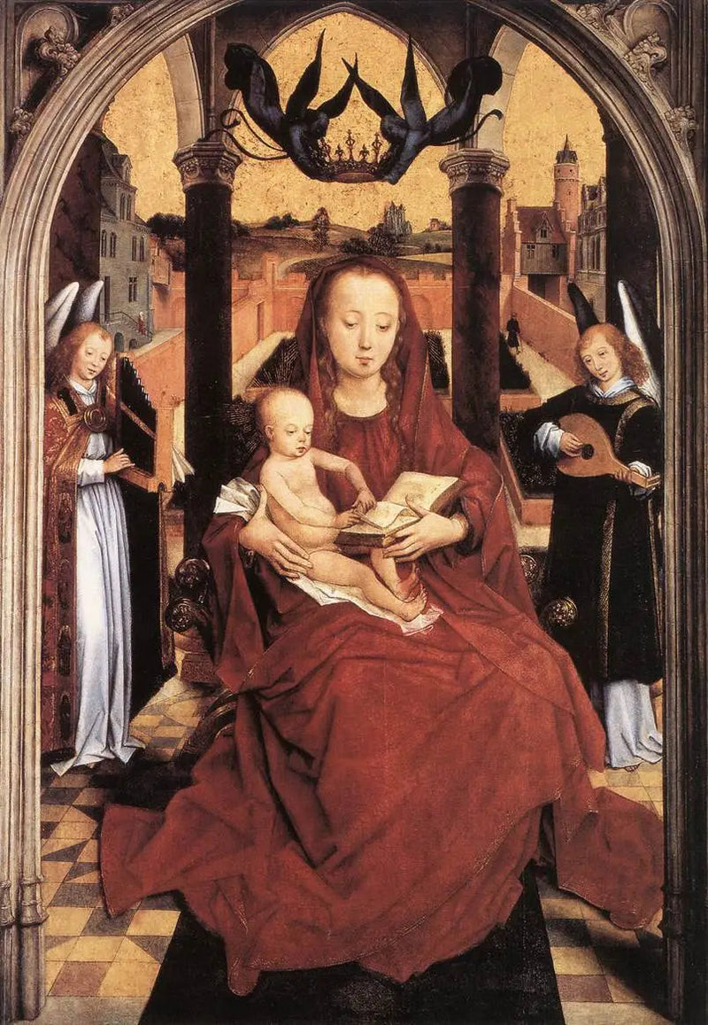 Madonna med barn på tron med två musikeränglar - Hans Memling