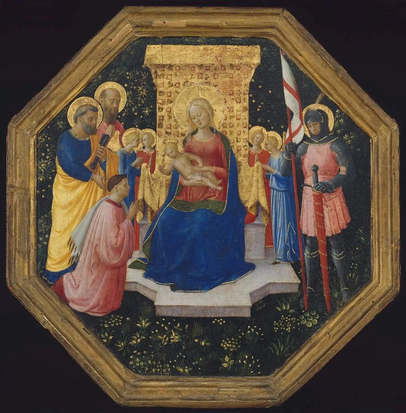 Madonna med barnet på tron med helgonen Petrus, Paulus och Georg (?), fyra änglar och en donator - Fra Angelico