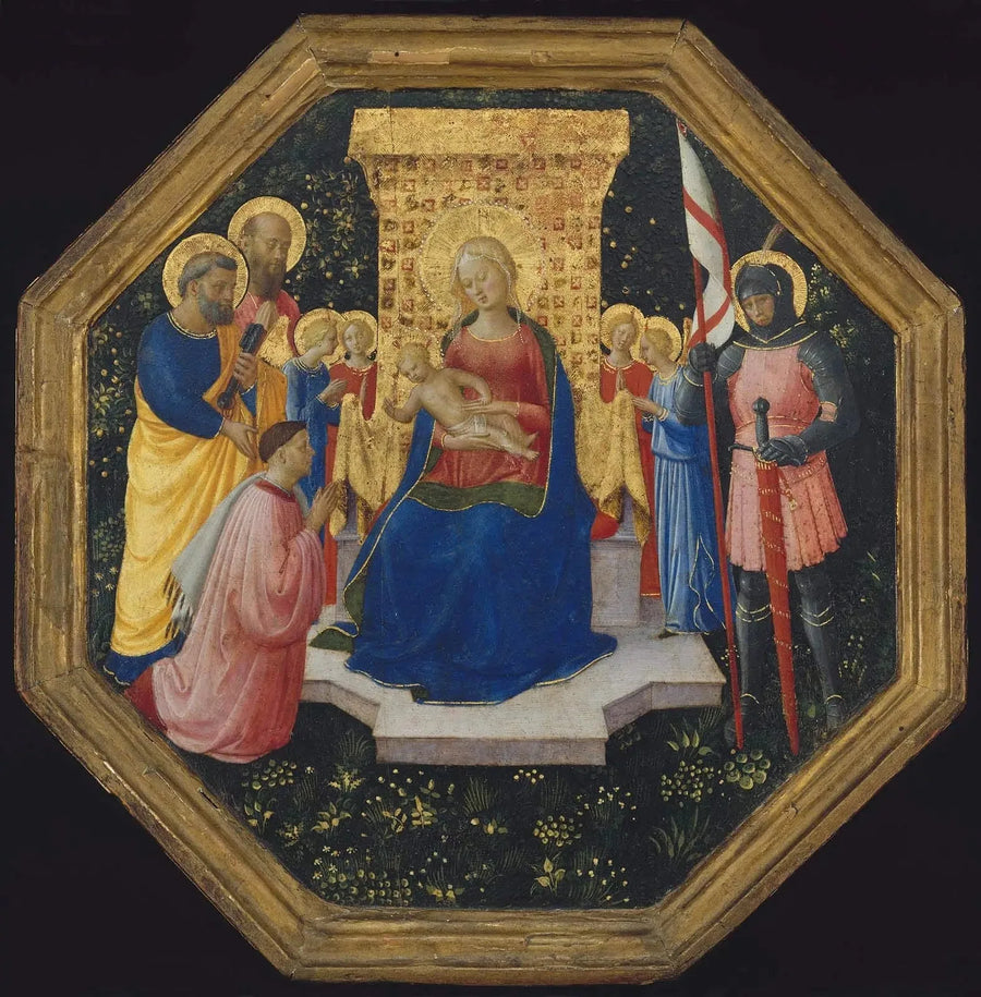 Madonna med barnet på tron med helgonen Petrus, Paulus och Georg (?), fyra änglar och en donator - Fra Angelico