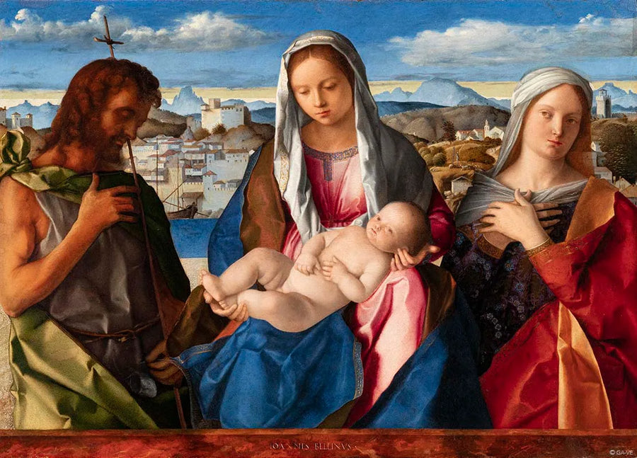 Madonna med barnet omgiven av helige Johannes Döparen och en helig - Giovanni Bellini
