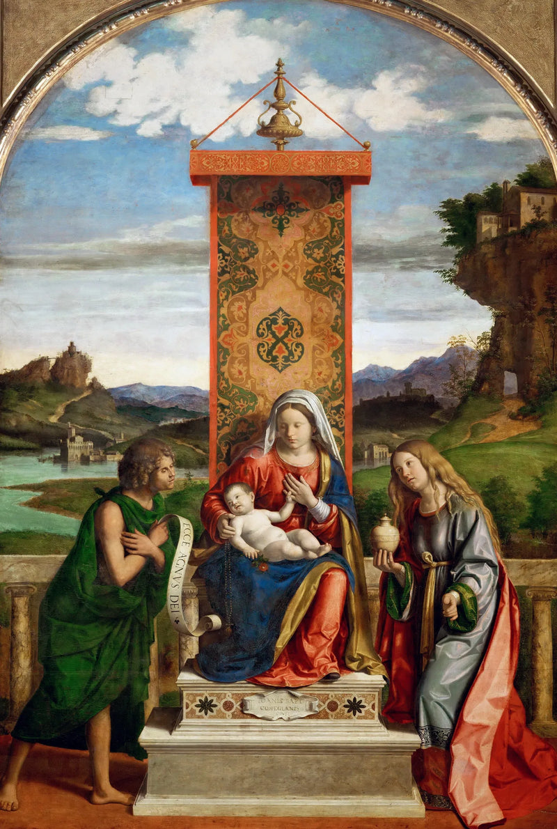 Jungfru med barnet omgiven av helige Johannes Döparen och Maria Magdalena - Cima da Conegliano
