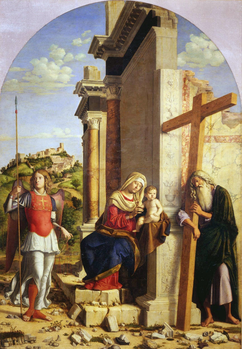 Jungfru med barnet mellan ärkeängeln Saint Michel och aposteln Saint André - Cima da Conegliano