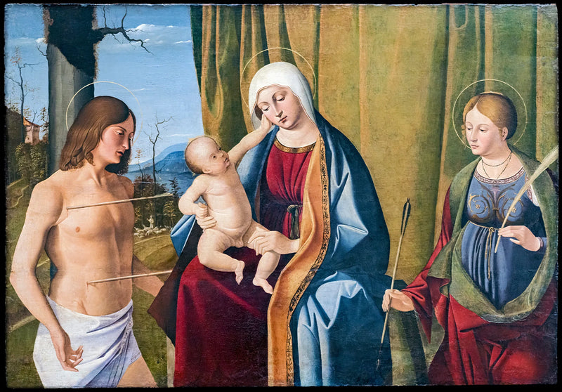 Madonna med barnet mellan helgon Sebastian och helgon Ursula - Marco Basaiti