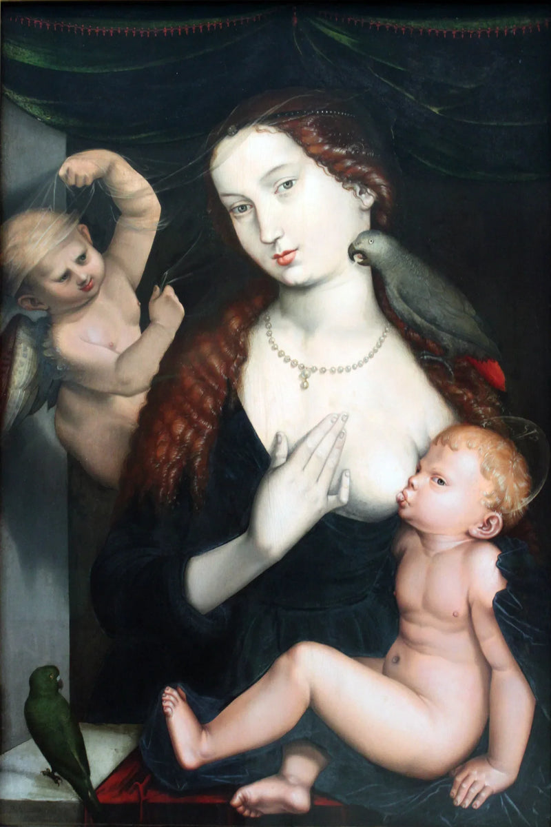 Jungfru med barnet och papegojor - Hans Baldung Grien