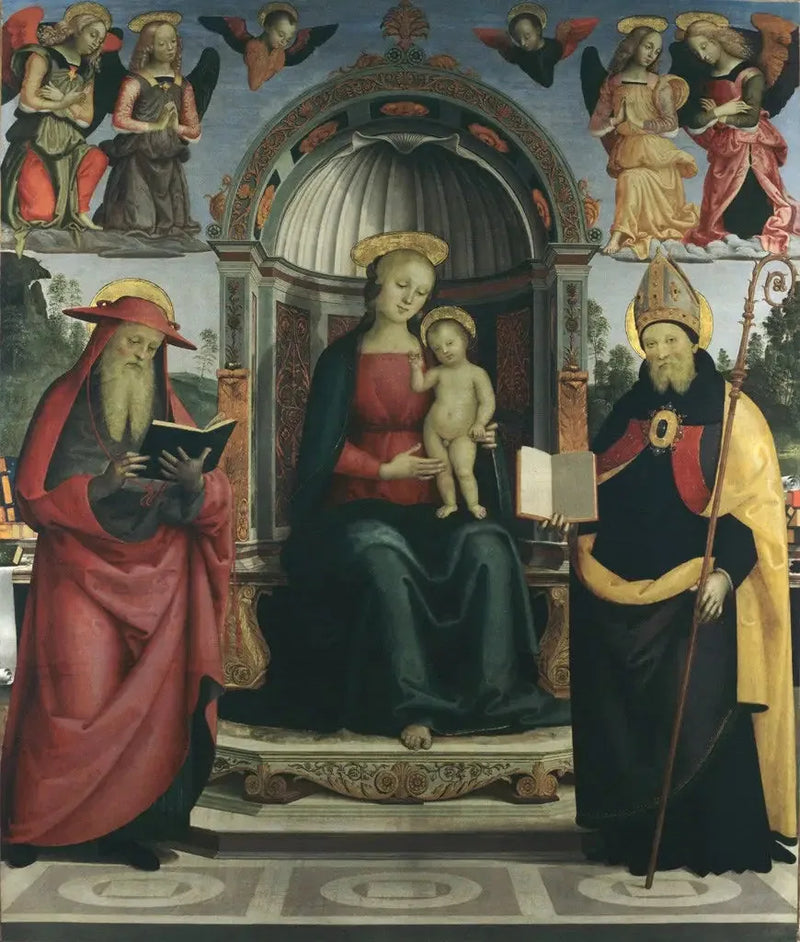 Madonna med barnet på tronen mellan helgon Jerome, helgon Augustinus, fyra änglar och två keruber - Pietro Perugino