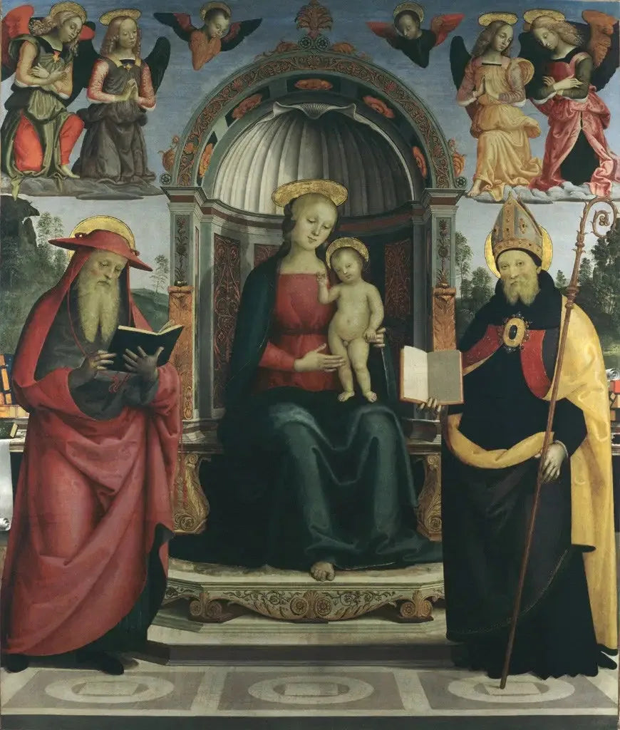 Madonna med barnet på tronen mellan helgon Jerome, helgon Augustinus, fyra änglar och två keruber - Pietro Perugino