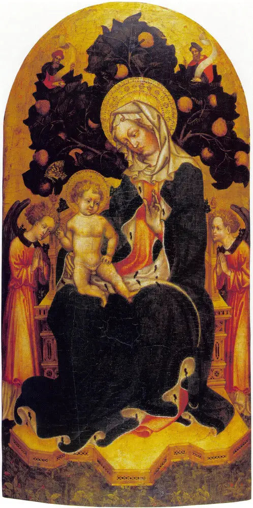 Madonna med barnet sittande med änglar och profeter i tillbedjan - Gentile da Fabriano