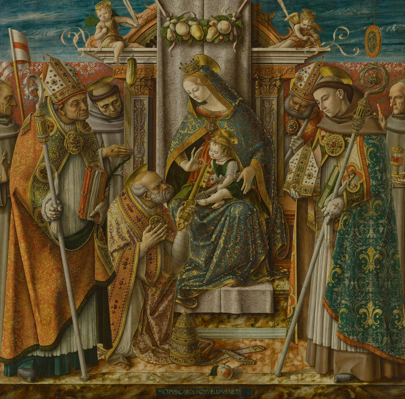 Madonna med barnet sittande på tron med helgon - Carlo Crivelli