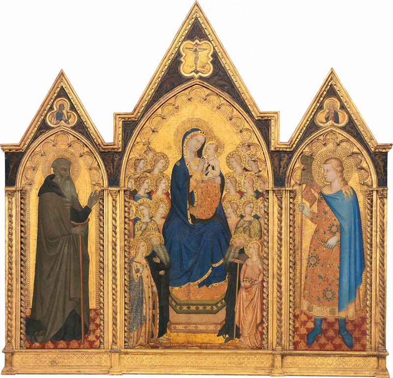 Madonna med barnet sittande med helgon och änglar, samt helige Antonius abbot och helige Venantius - Allegretto Nuzi