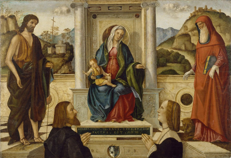 Madonna med barnet sittande på tron med helgon och en donator - Vittore Carpaccio