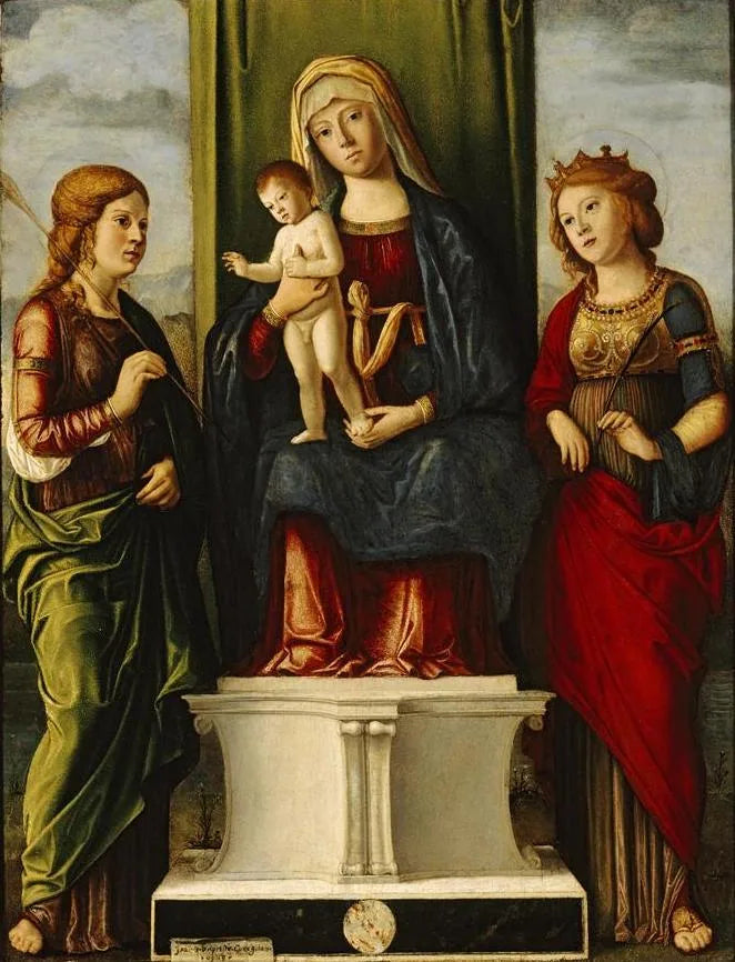 Madonna med barnet sittande på tron med två martyristiska jungfrur - Cima da Conegliano