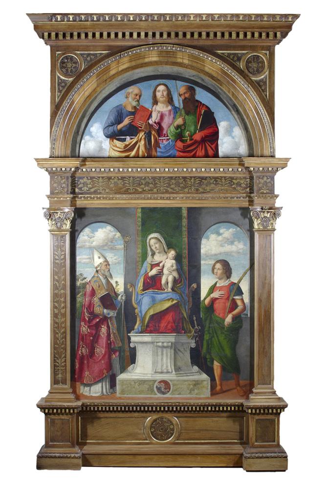 Madonna med barnet sittande med helgonen Denys och Victor - Cima da Conegliano