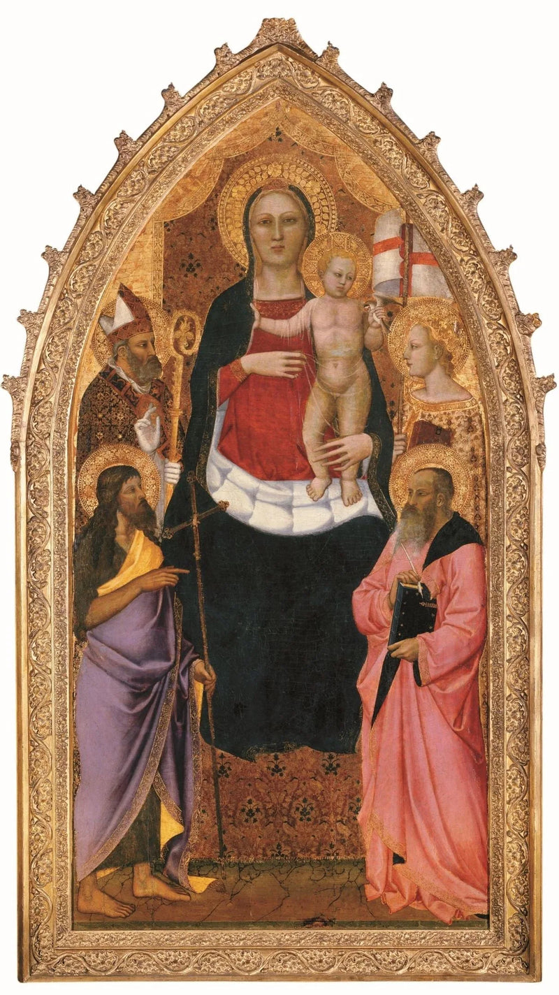 Madonna med barnet sittande med helgonen Zénobe, Johannes Döparen, Reparata och Johannes evangelisten - Nardo di Cione
