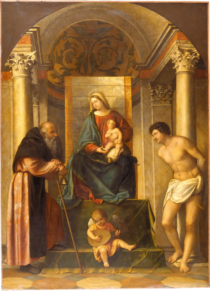 Madonna med barnet sittande med helige Antonius den Helige och helige Sebastian - Alessandro Bonvicino