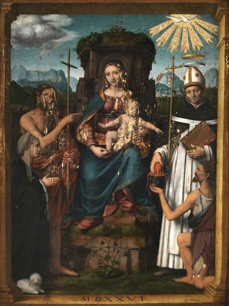 Madonna med barn på tron med Johannes Döparen, Sankt Antonin, en donator och en tiggare - Bernardino Luini