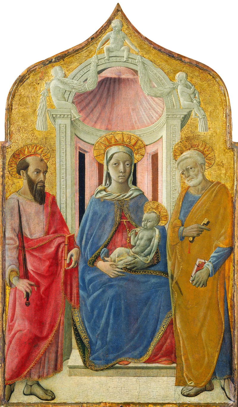 Madonna med barnet sittande med helige Petrus och helige Paulus - Domenico di Bartolo