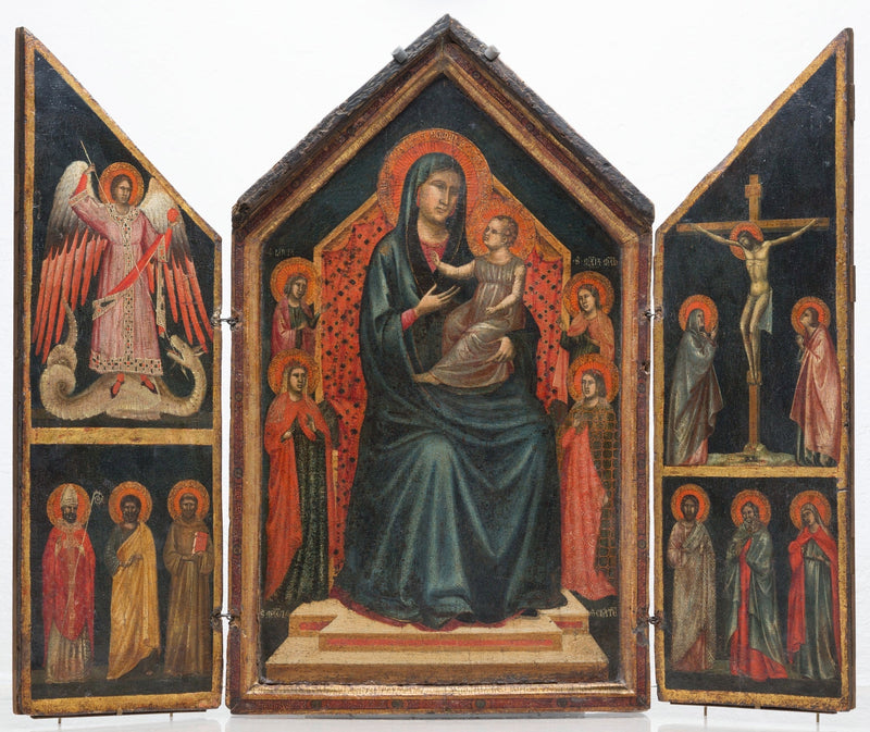 Madonna med barnet sittande med helgon Lucía, Margareta, Maria Magdalena och Katarina av Alexandria - Master of Saint Cecilia