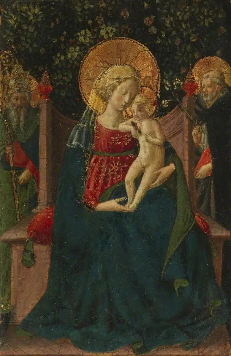 Madonna med barnet sittande mellan helige Dominikus och en helig påve (tidigare tilldelad Domenico di Michelino) - Benozzo Gozzoli