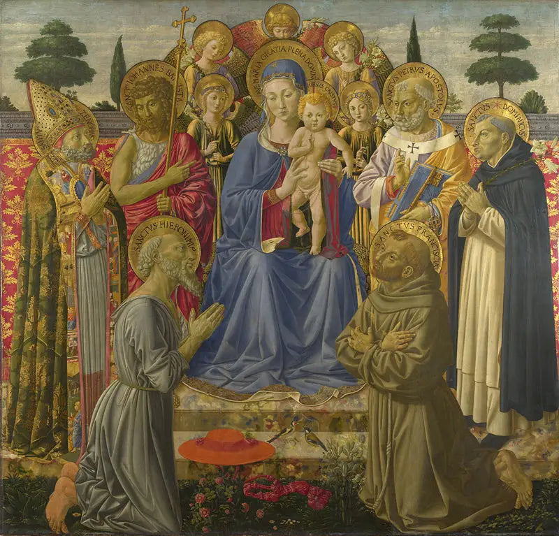 Jungfru och barn som tronar bland änglar och helgon - Benozzo Gozzoli