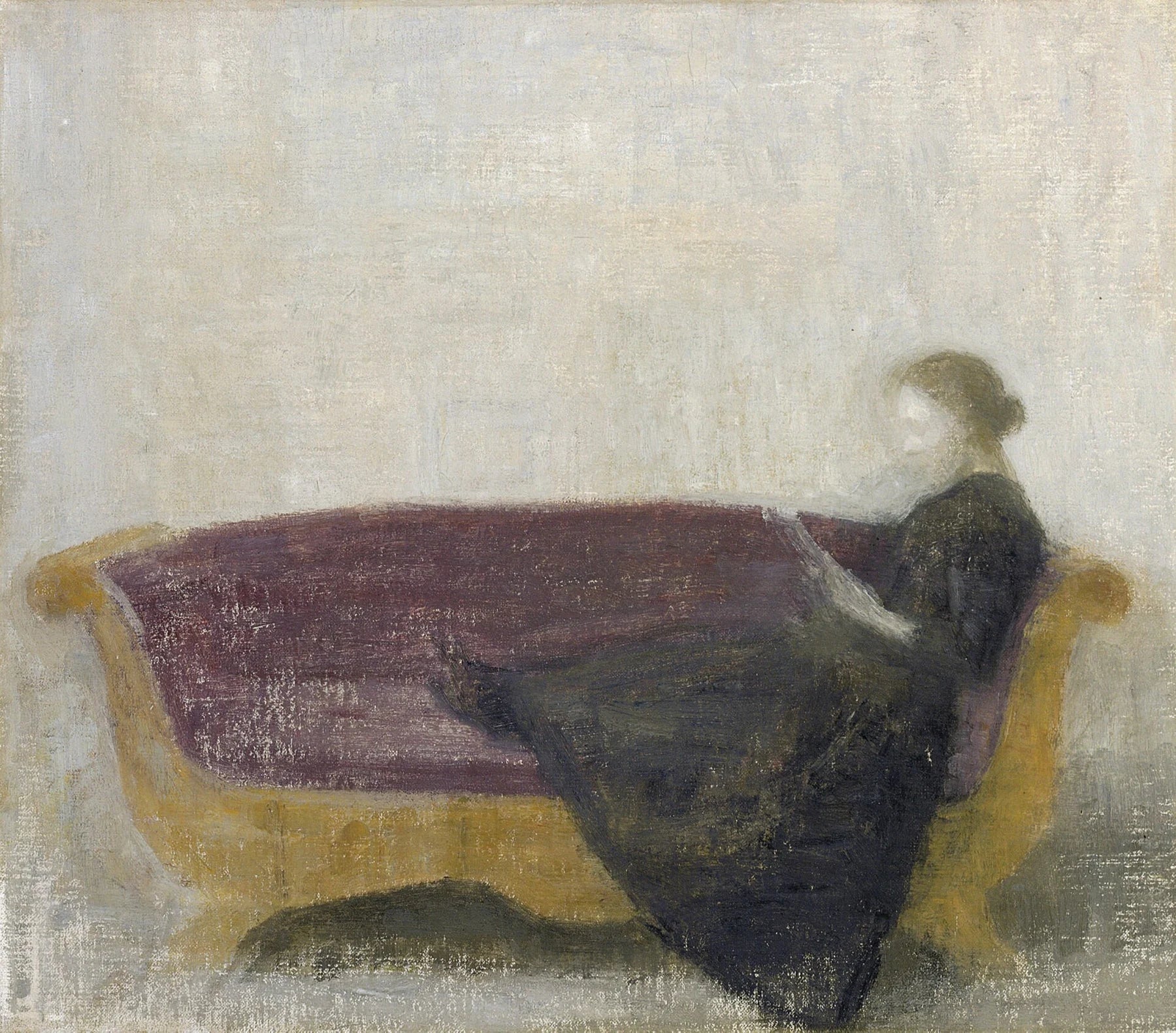 Femme lisant sur un canapé, peinture de Vilhelm Hammershøi
