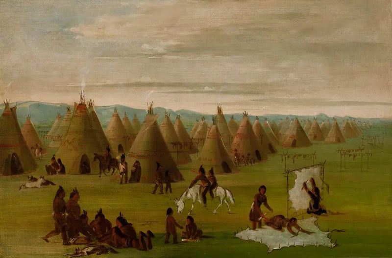 Comanche-by, kvinnor som förbereder sina klänningar och torkar köttet - George Catlin