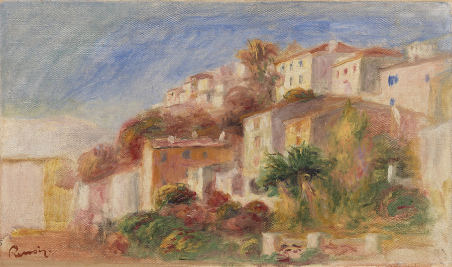 Utsikt från trädgården vid posten, Cagnes (By sett från trädgården vid posten, Cagnes) - Pierre-Auguste Renoir