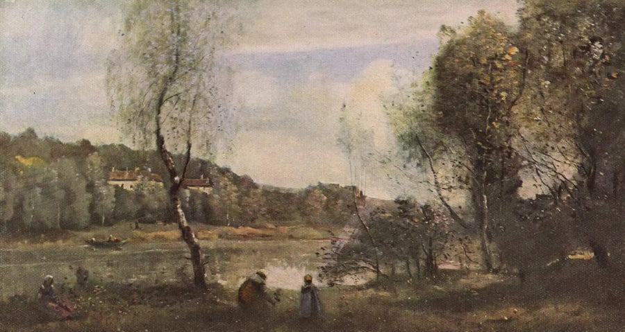 Ville d'Avray, dammen vid björken framför villorna - Jean-Baptiste Camille Corot